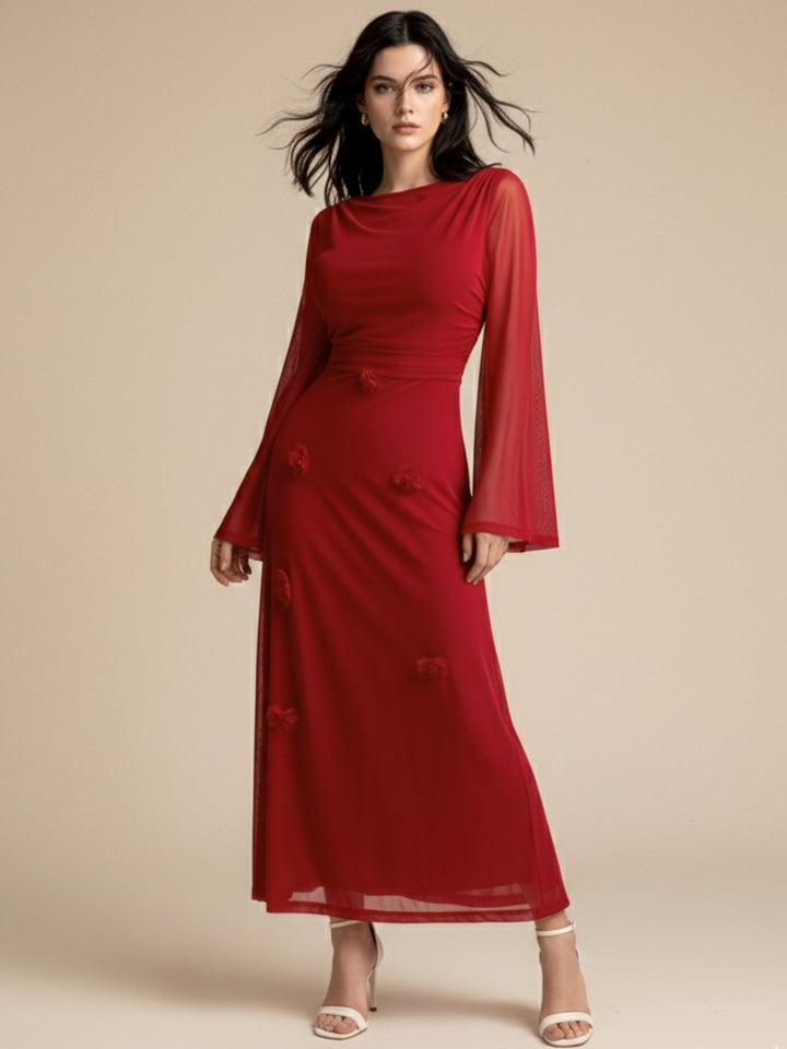 Red Boat Neck Dress With Mini Floral Corsages