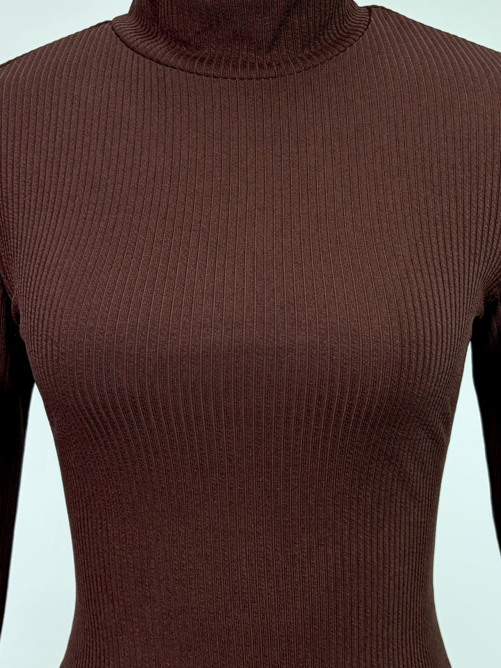 Brown High Neck Bodycon Dress With Lettuce Hem