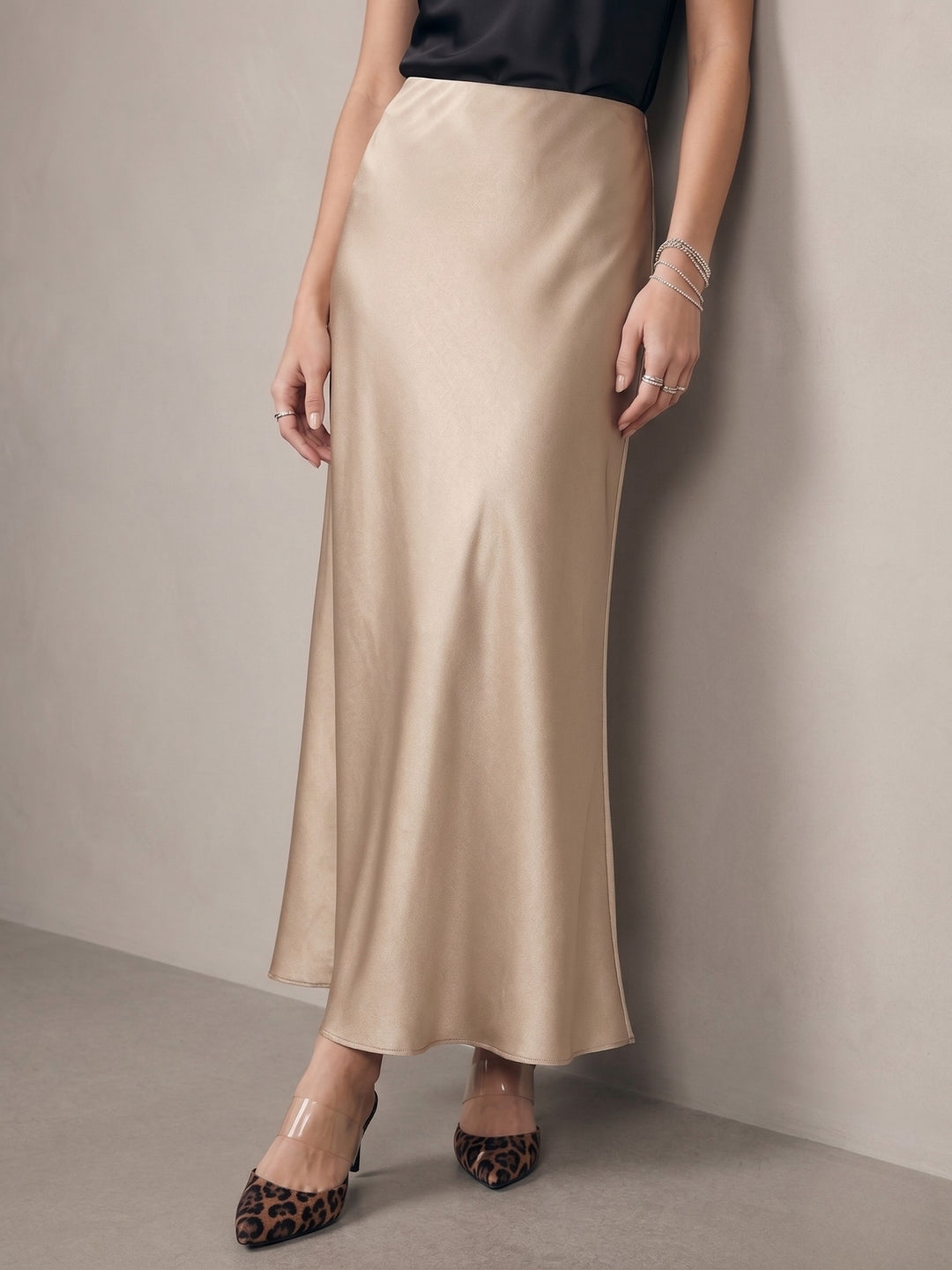 Beige High Waist Satin Skirt