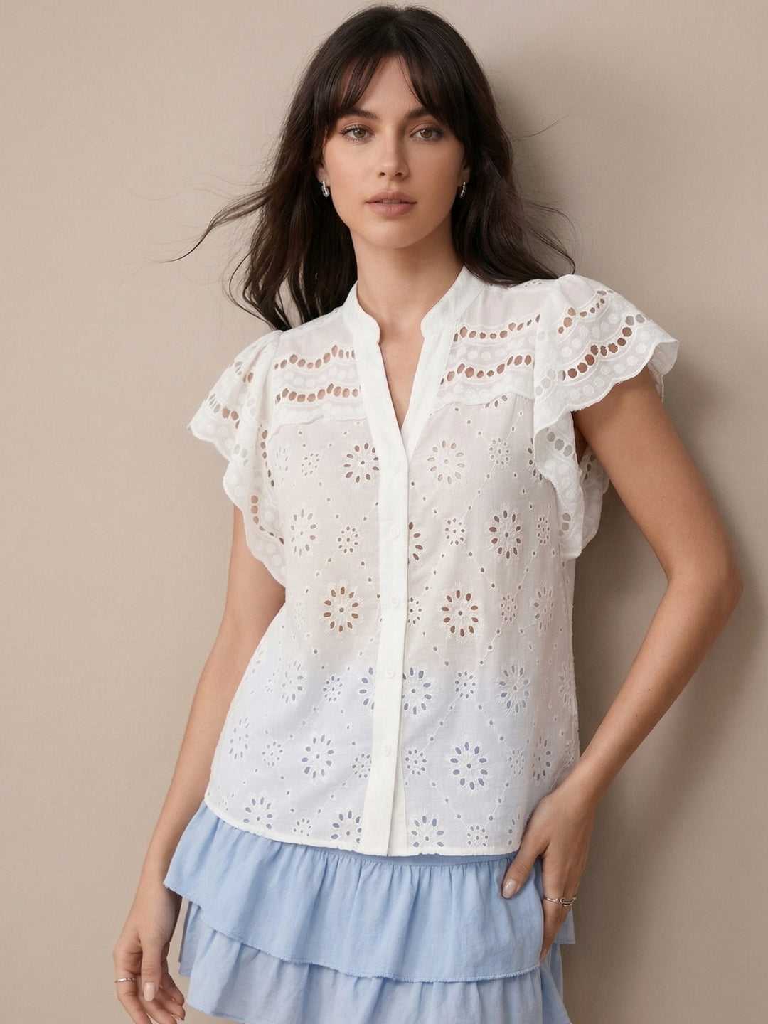White Schiffli Front Buttoned Top