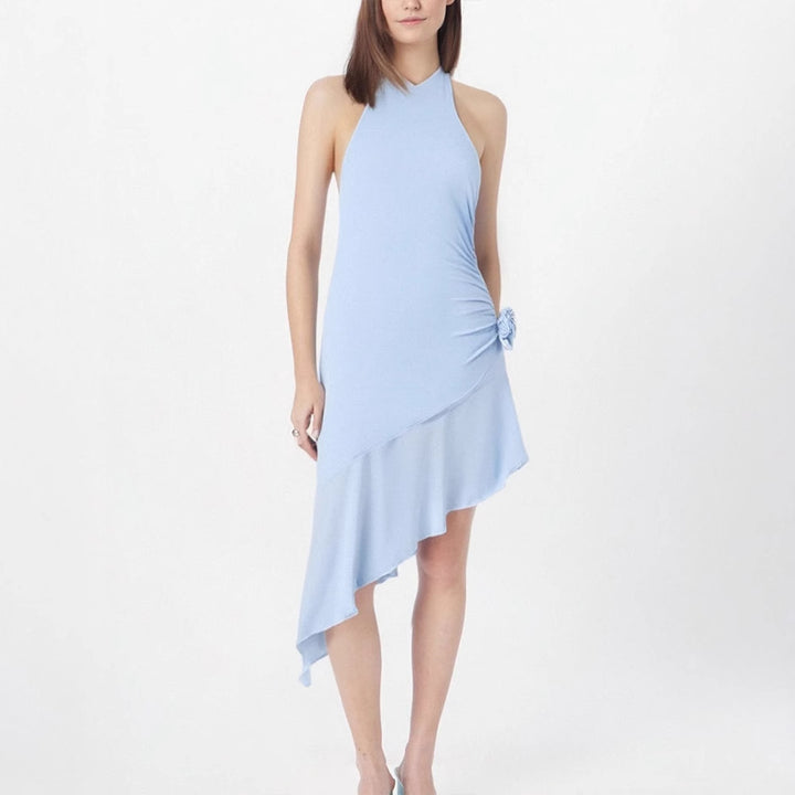 Blue Asymmetric Hem Solid Dress