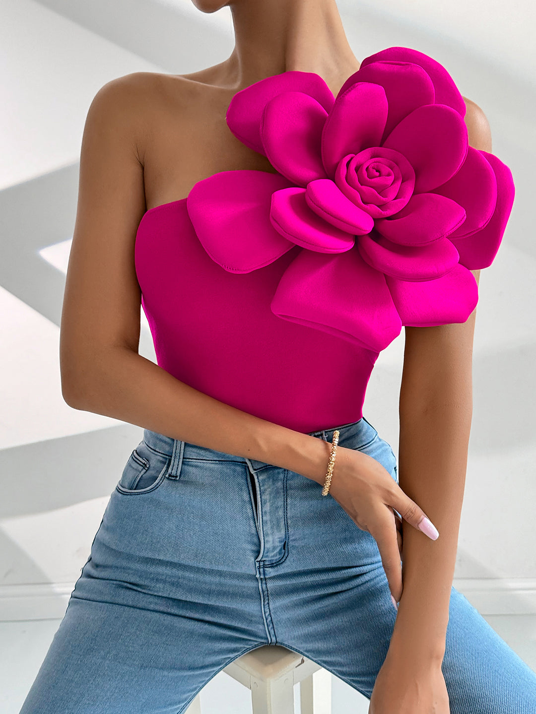 Pink One Shoulder Flower Attached Top
