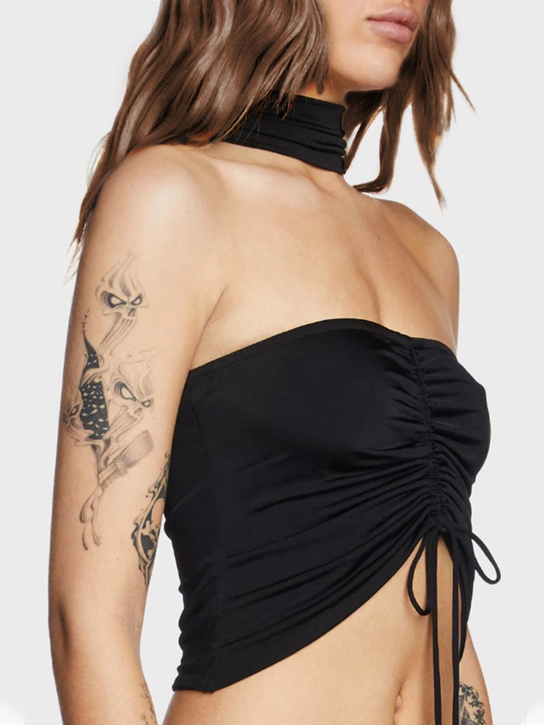 Black Choker Neck Front Ruched Top