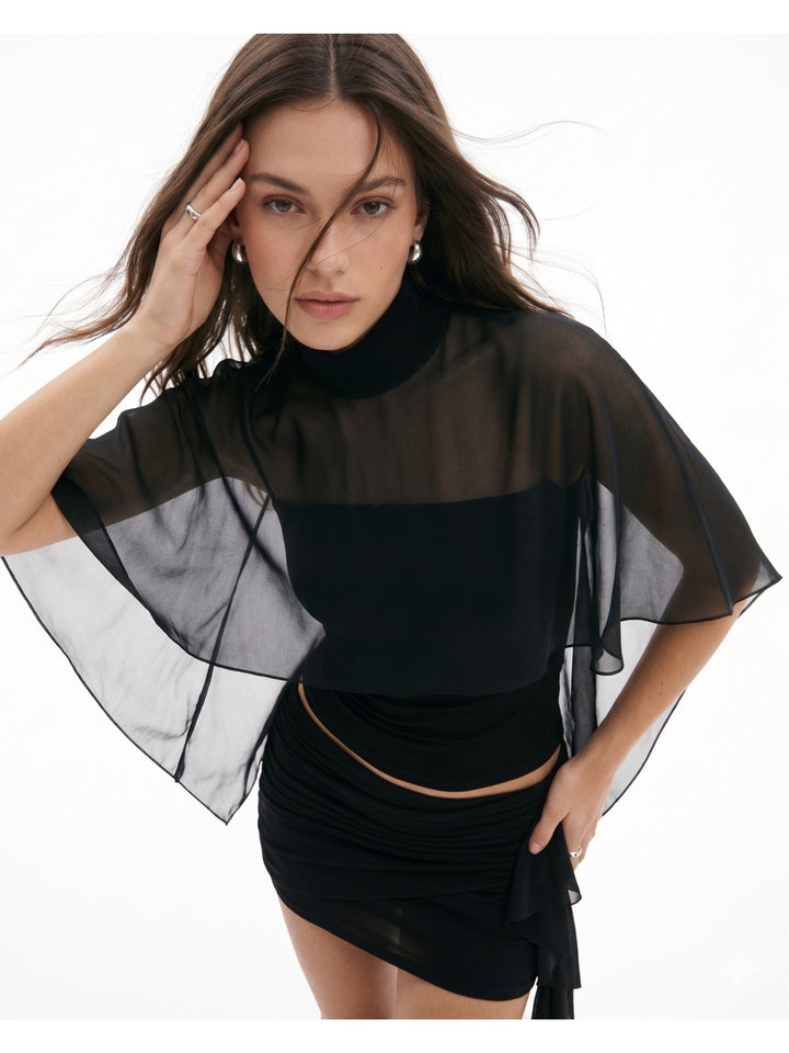 Black Mock Neck Draped Back Open Top