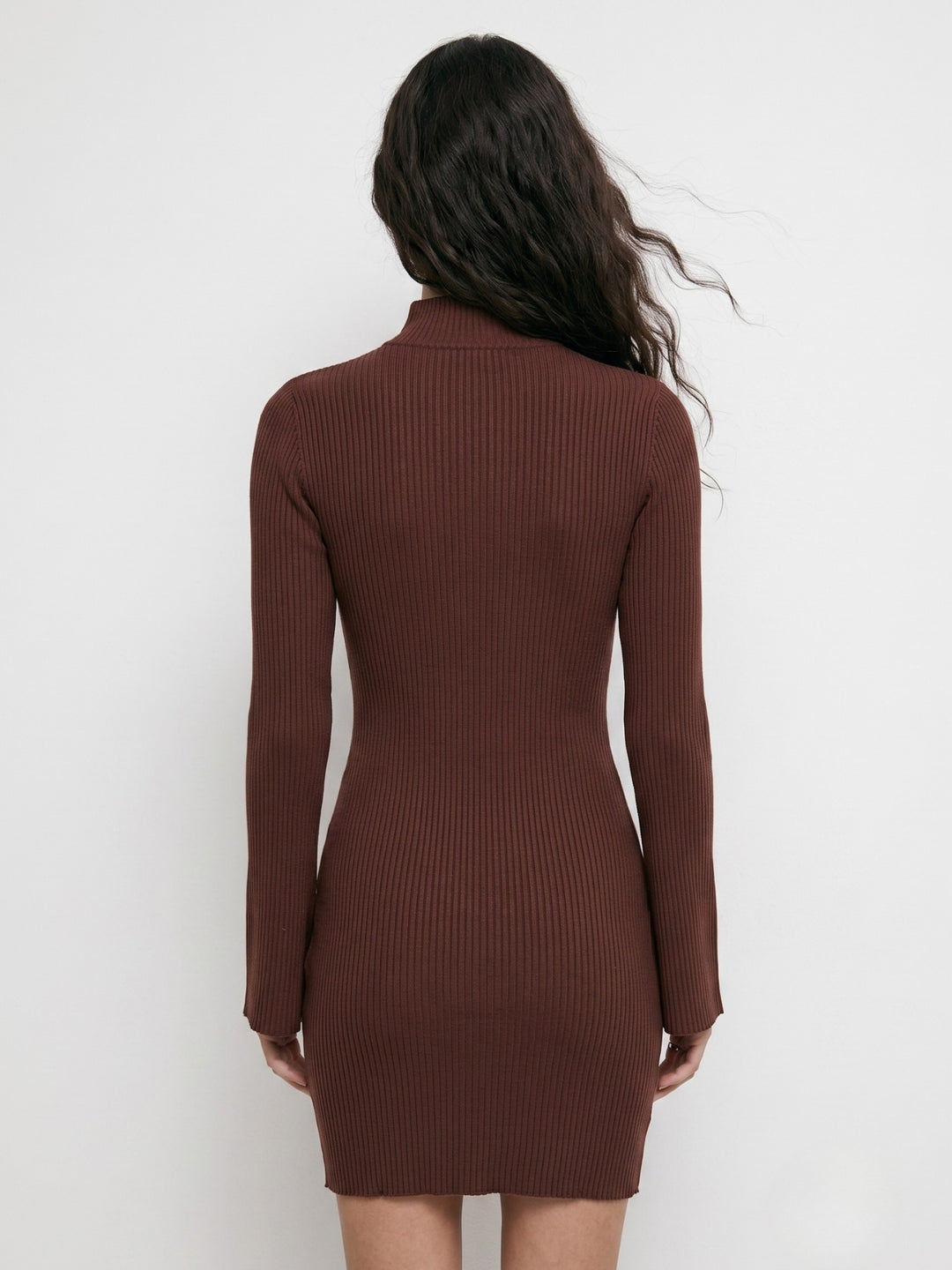 Brown High Neck Bodycon Dress With Lettuce Hem