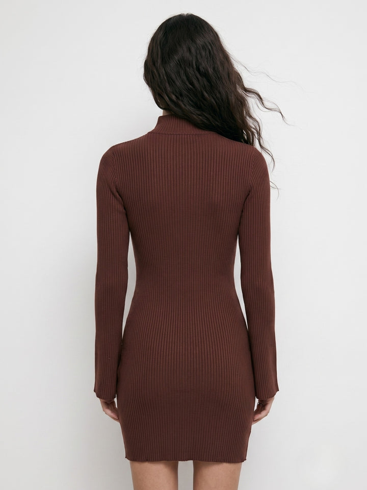 Brown High Neck Bodycon Dress With Lettuce Hem