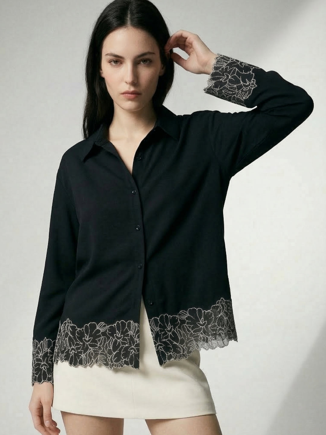 Black Flower Appliqued Front Buttoned Shirt