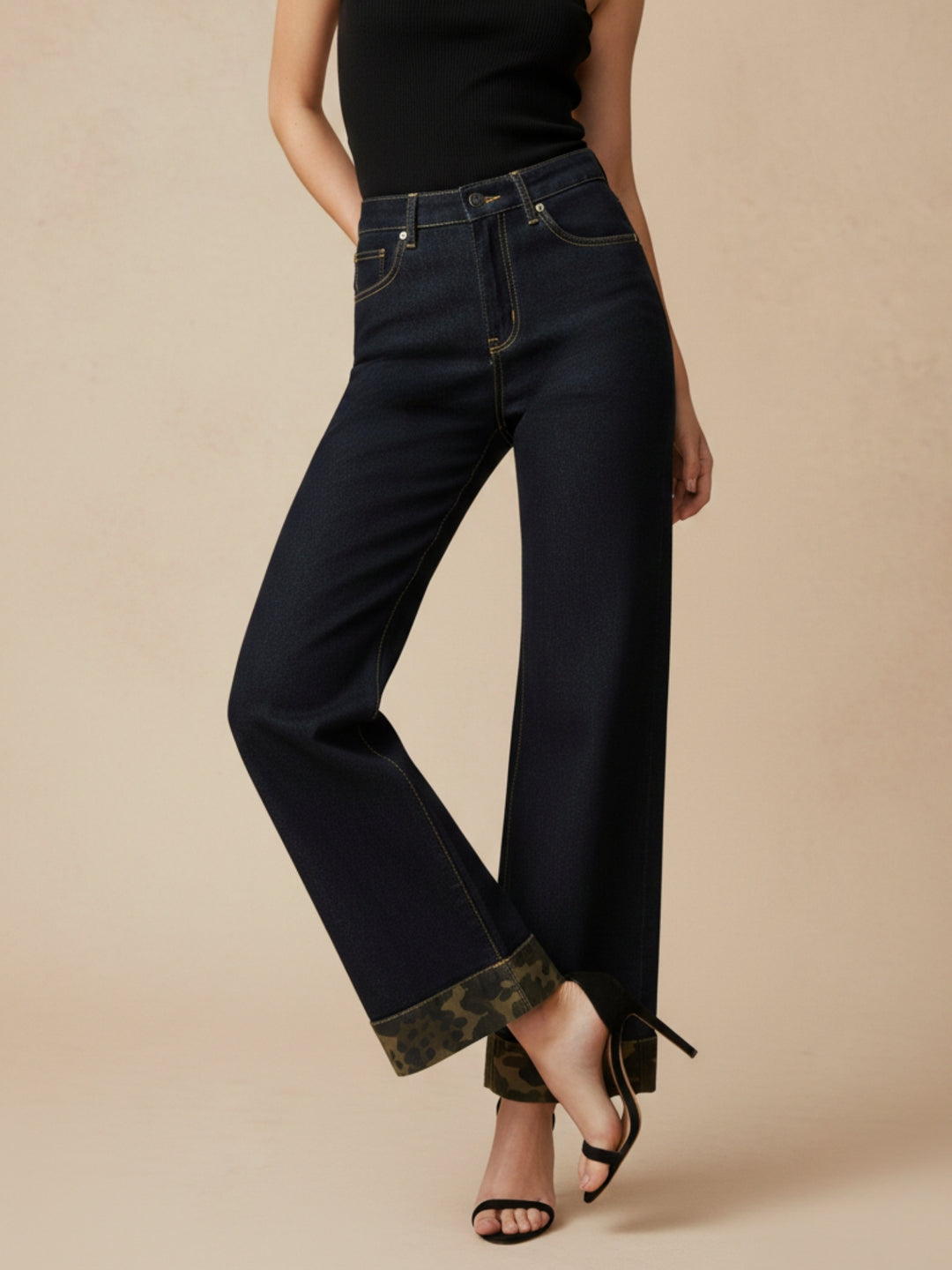 Black Folded Animal Printed Hem Jeans