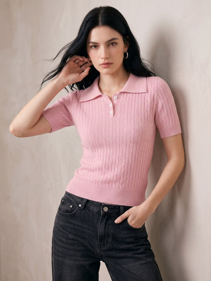 Pink Cable Knit Half Button Down Polo Top