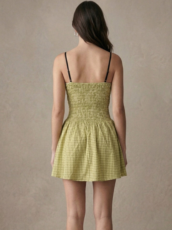 Green Strappy Waist Fitted Checkered Dress