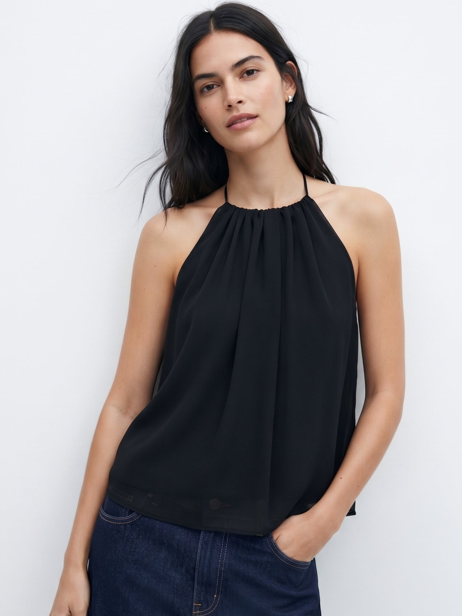 Black Halter Neck Solid Blouse