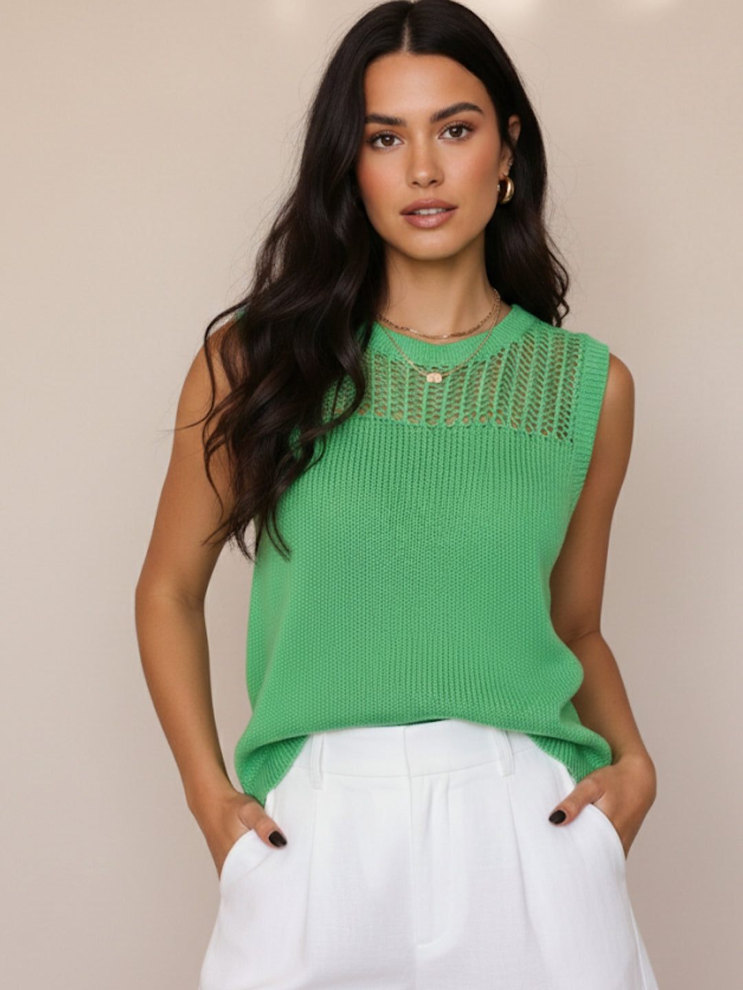 Green Sleeveless Crochet Detail Top