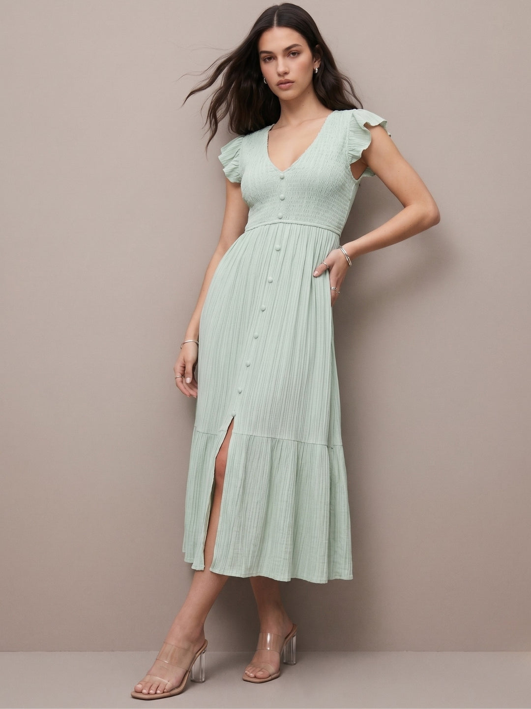 Green Flare Sleeve Slit Dress