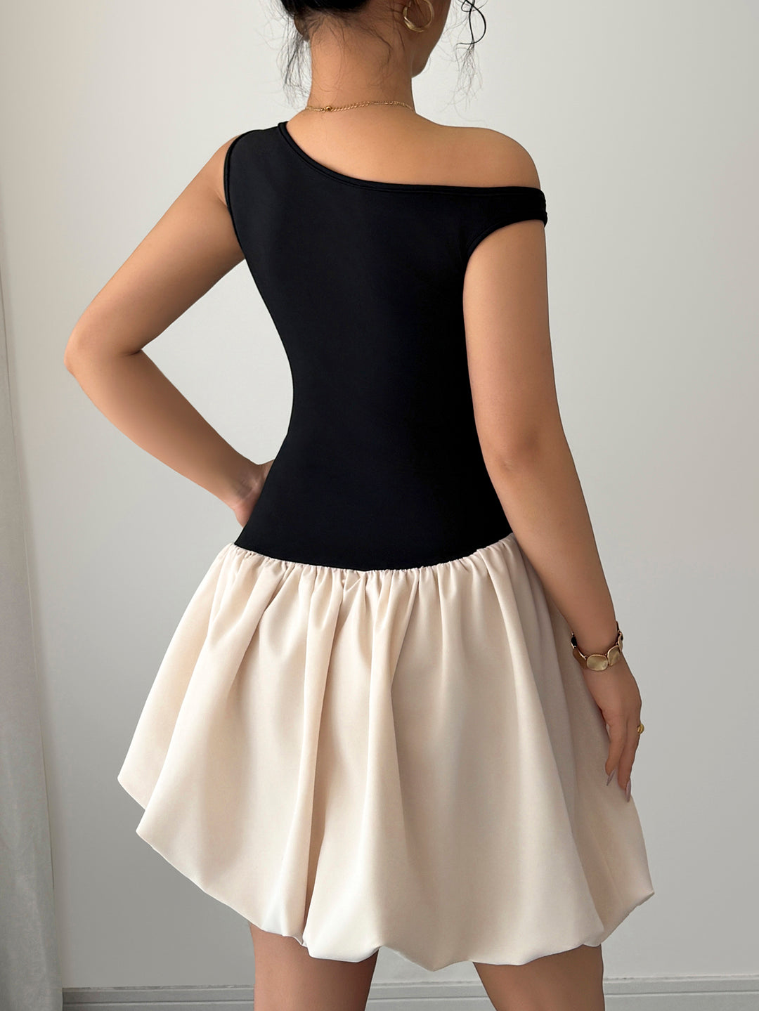 Black One Shoulder Colour Block Dress