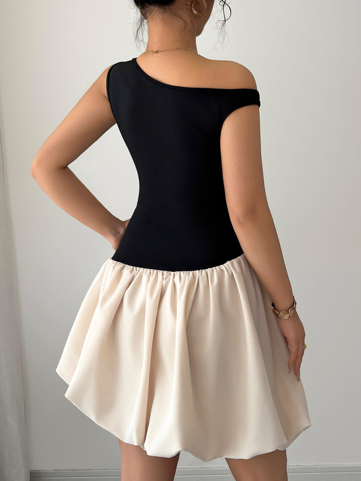 Black One Shoulder Colour Block Dress
