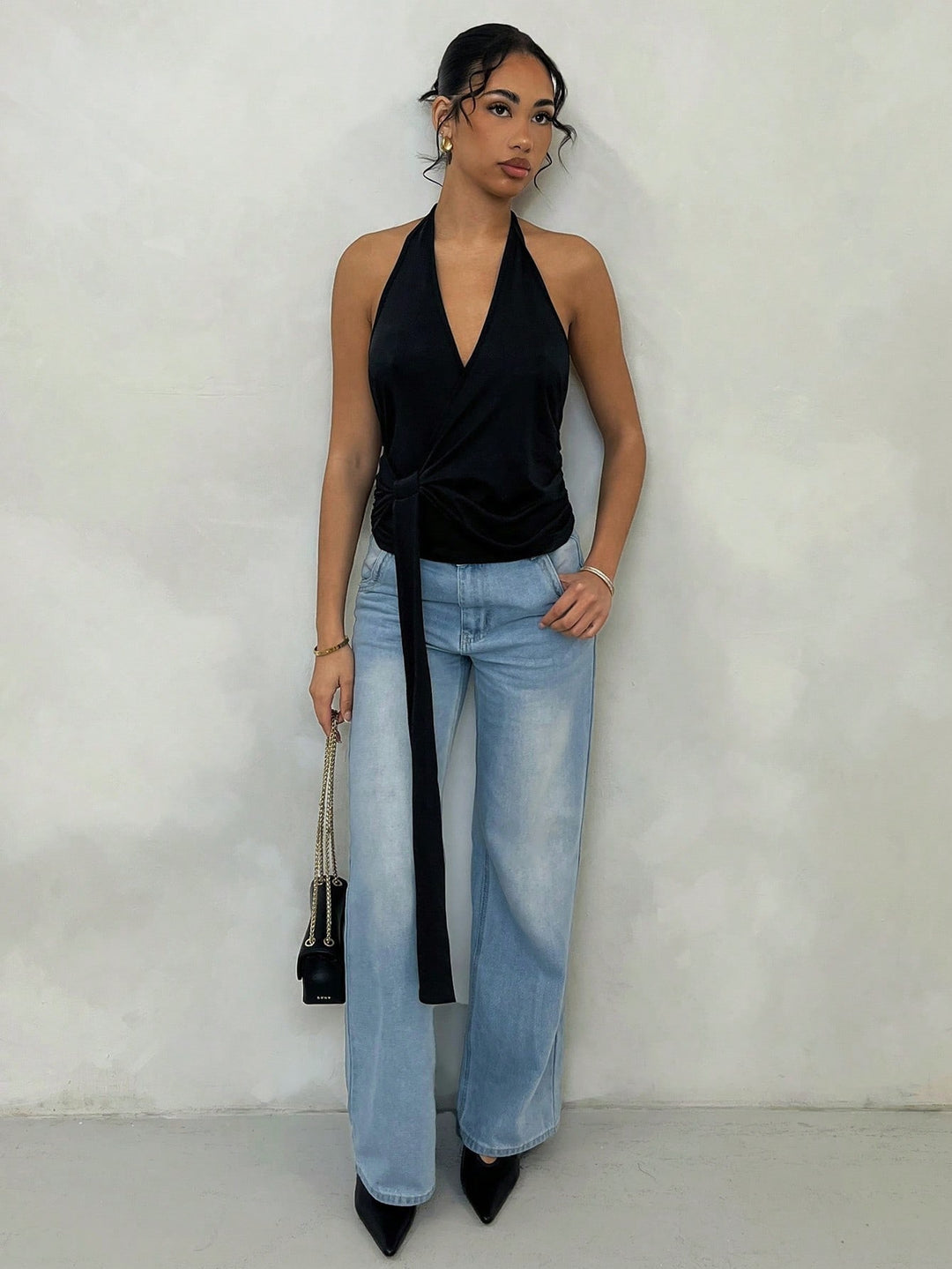 Black Halter Neck Wrap Top