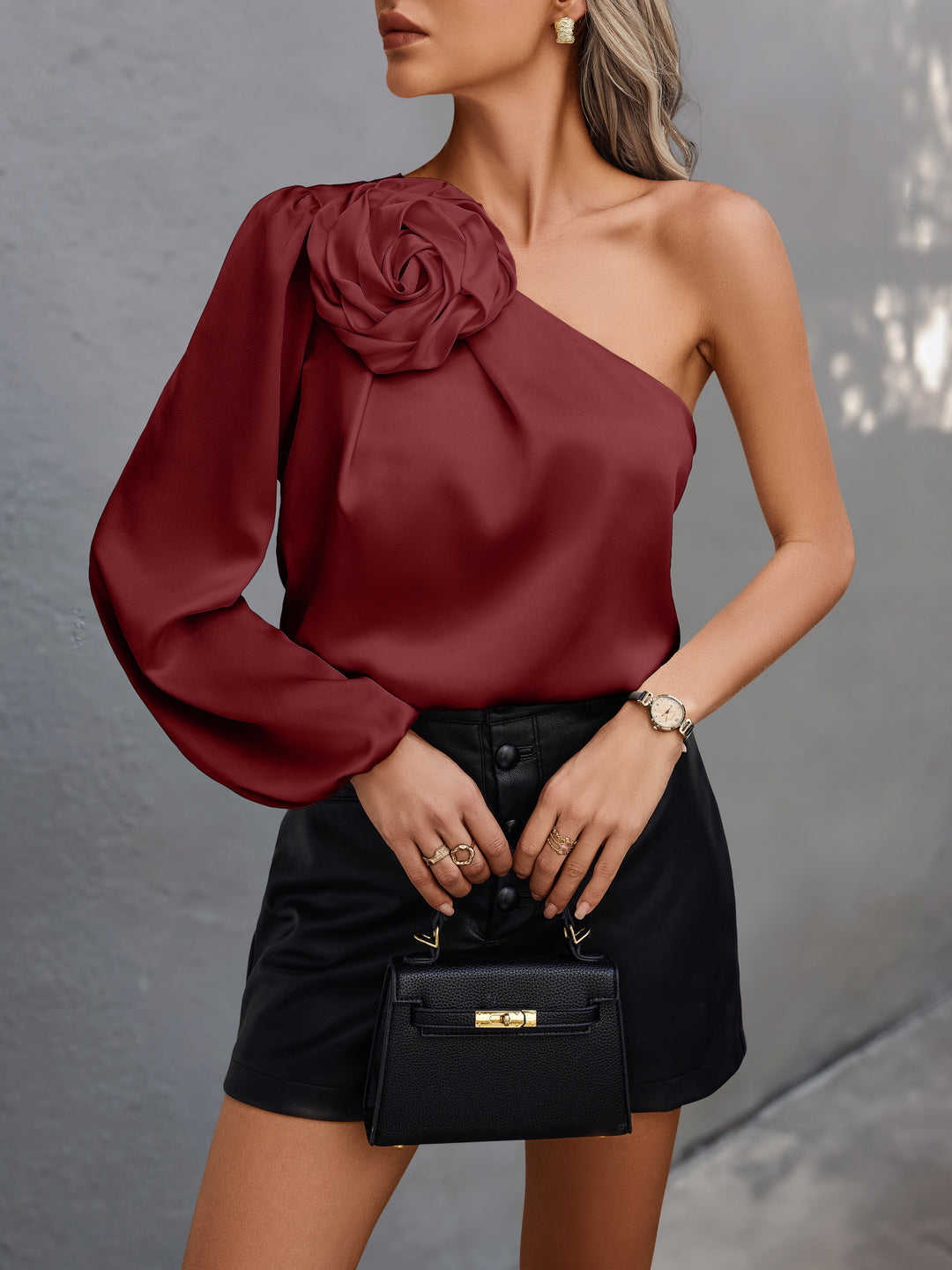 Wine One Shoulder Floral Embellished Top