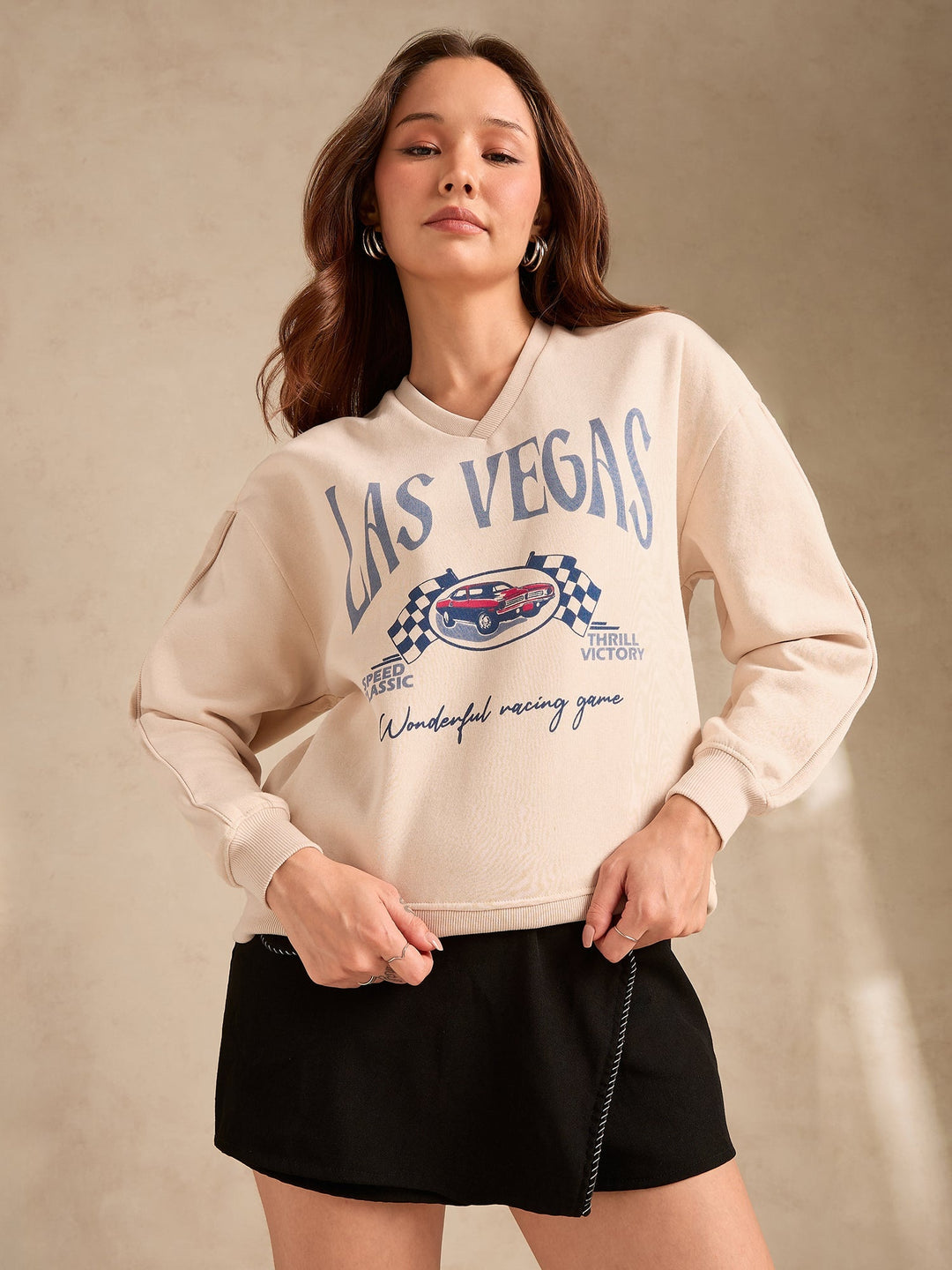 Cream Retro Racing Graphic Russian Fleece Pullover