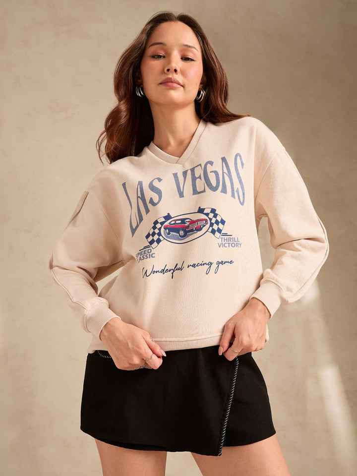 Cream Retro Racing Graphic Russian Fleece Pullover