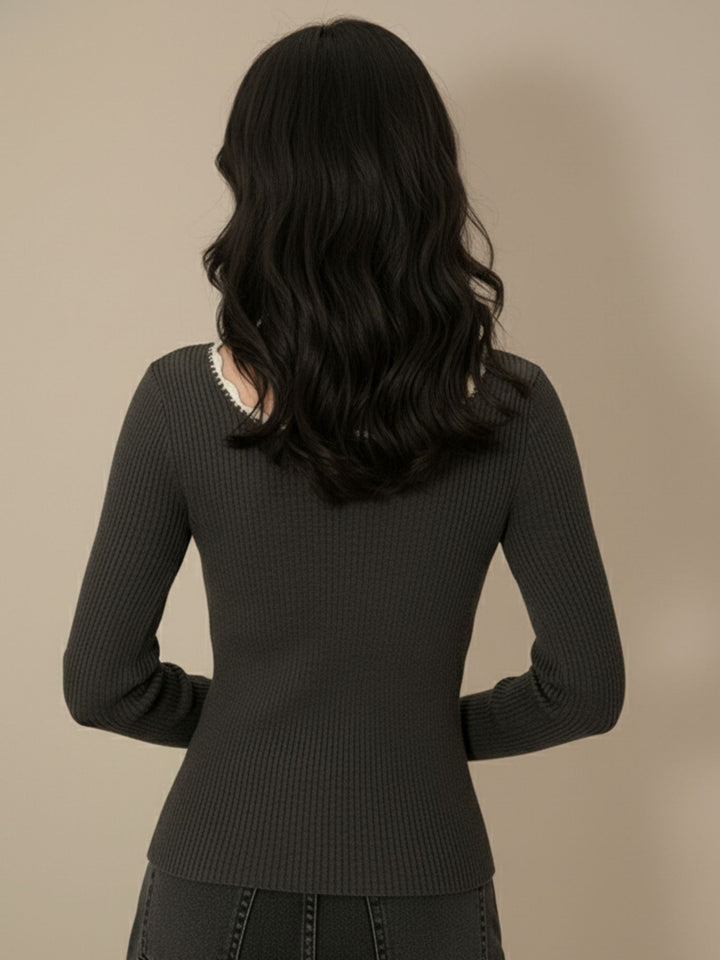 Brown Full Sleeve Scallop Hem Top