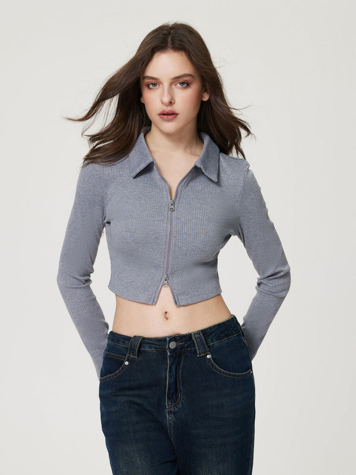 Grey Collar Neck Top With Front Zipper