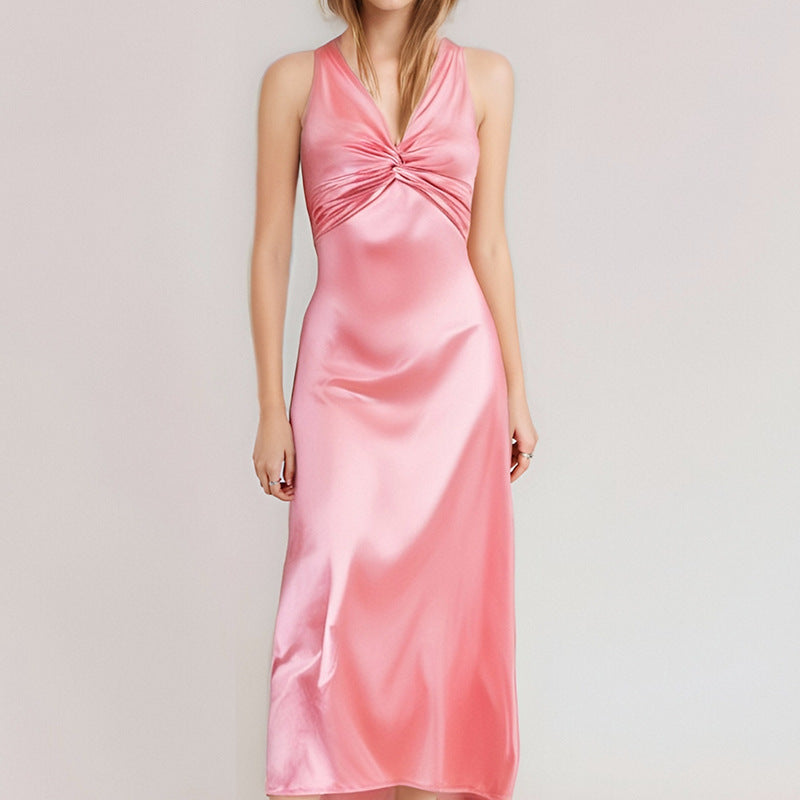 Pink Solid Halter Fish Tail Evening Dress