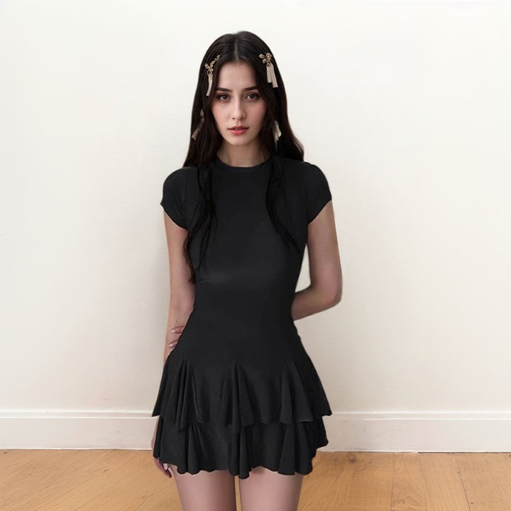 Black Short Sleeve Fringes Attached Dress