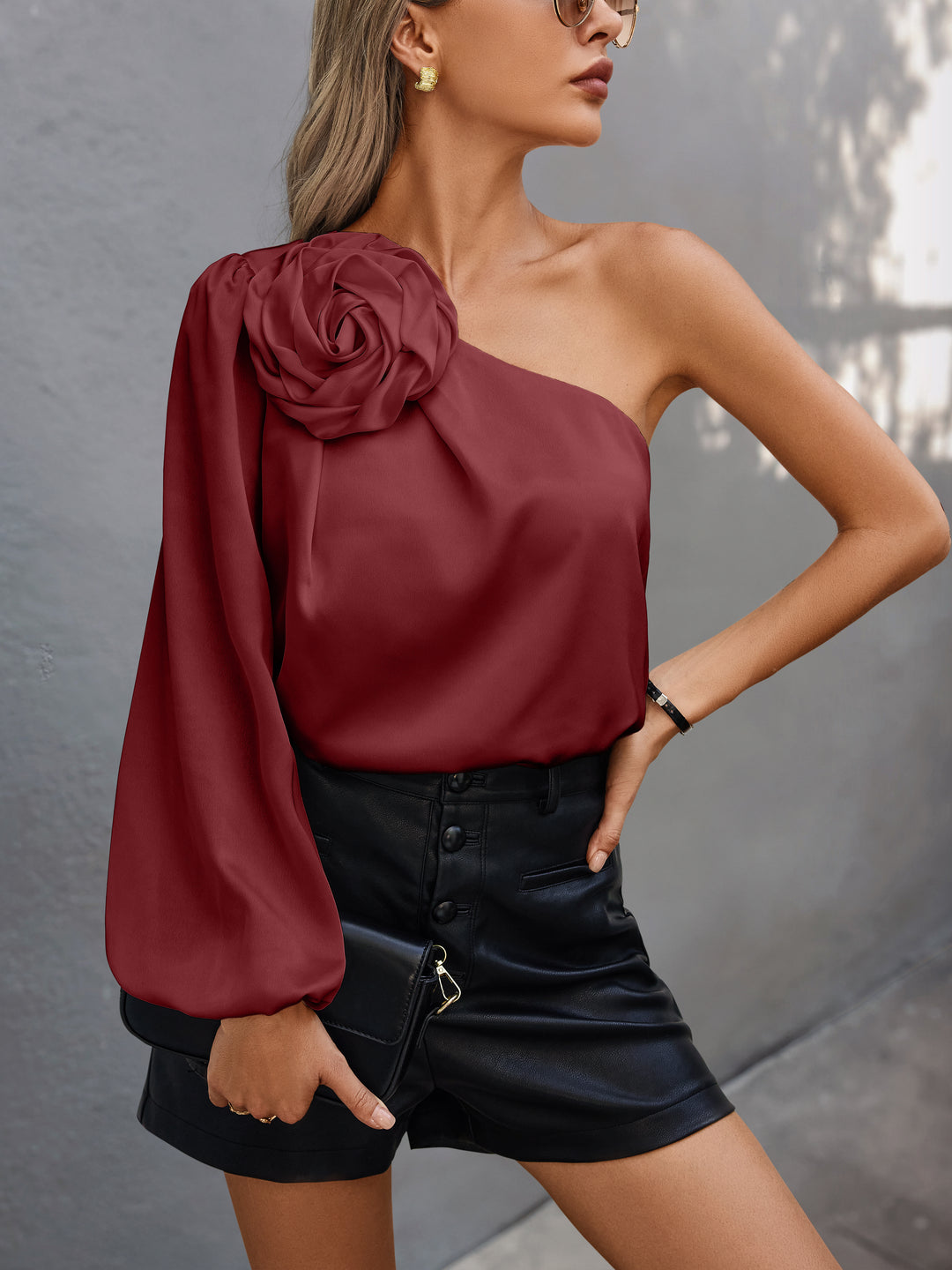 Wine One Shoulder Floral Embellished Top