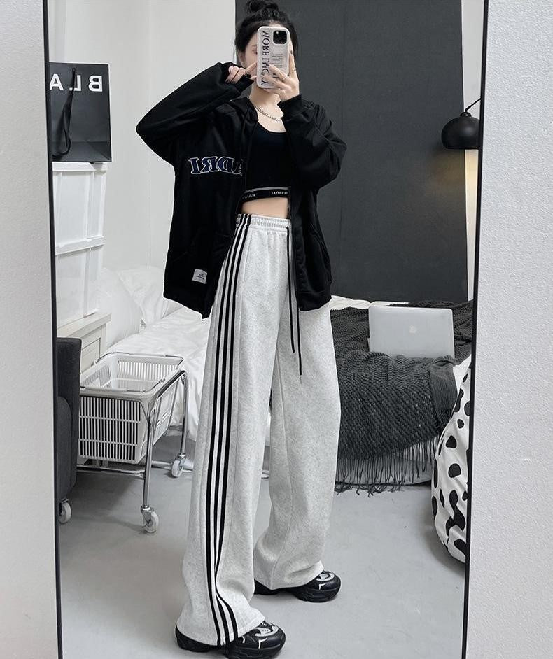 Grey Wide Leg Drawstring Stripe Jogger