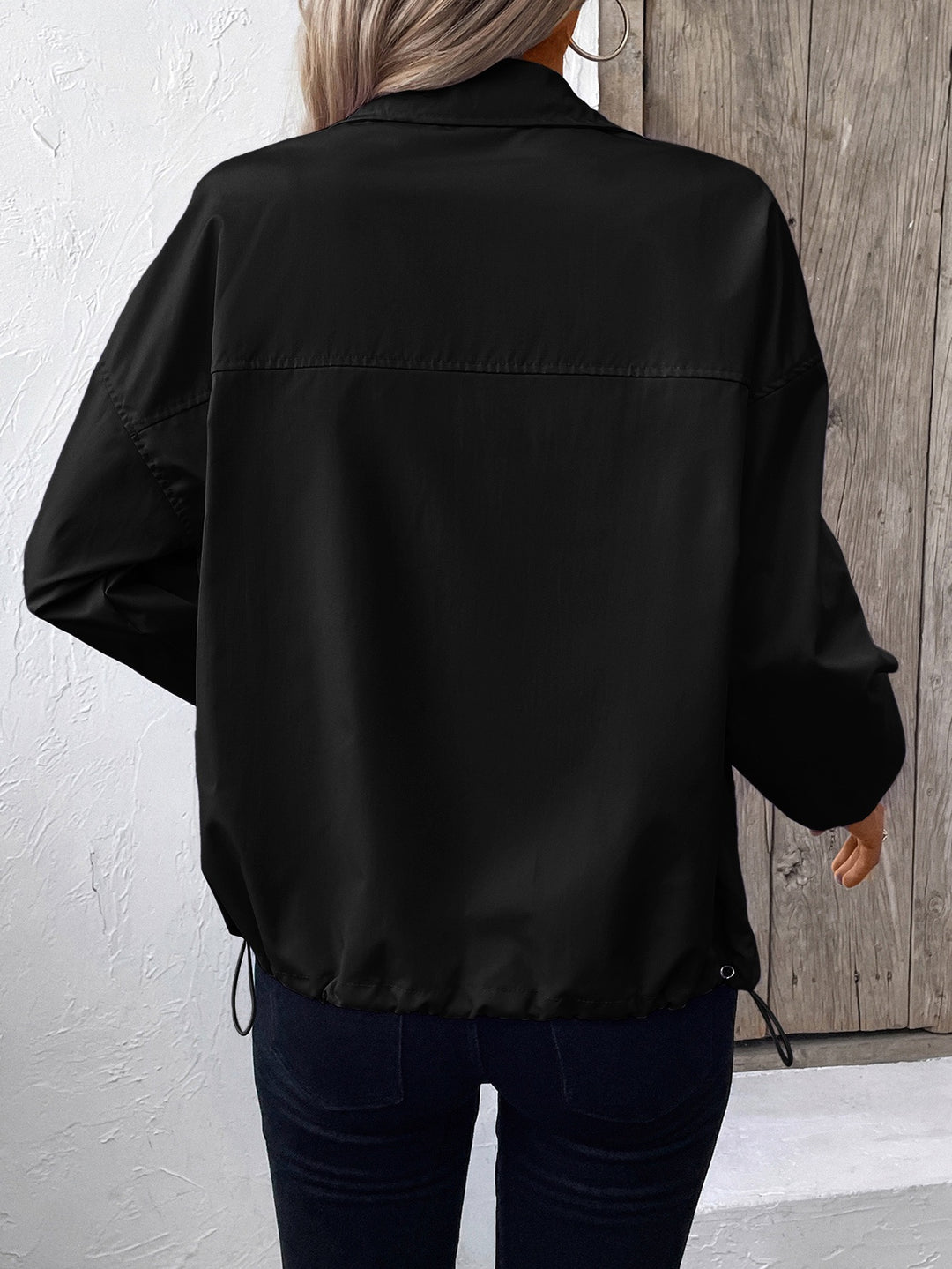 Black Collar Drawstring Waterproof Jacket