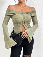 Green Off-Shoulder V Notch Hem Top