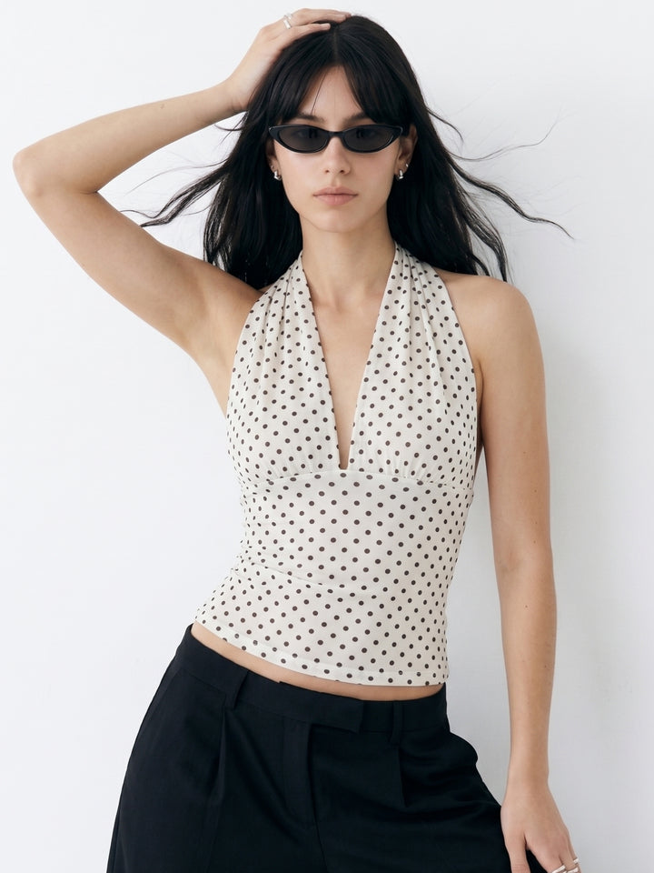 Off White Cross Halter Neck Polka Top