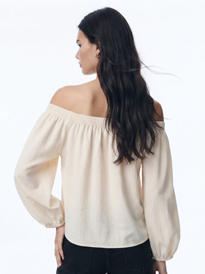 Off White Off Shoulder Balloon Sleeve