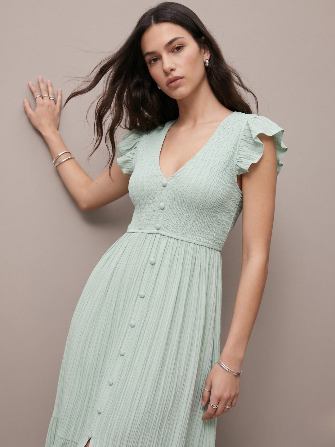 Green Flare Sleeve Slit Dress
