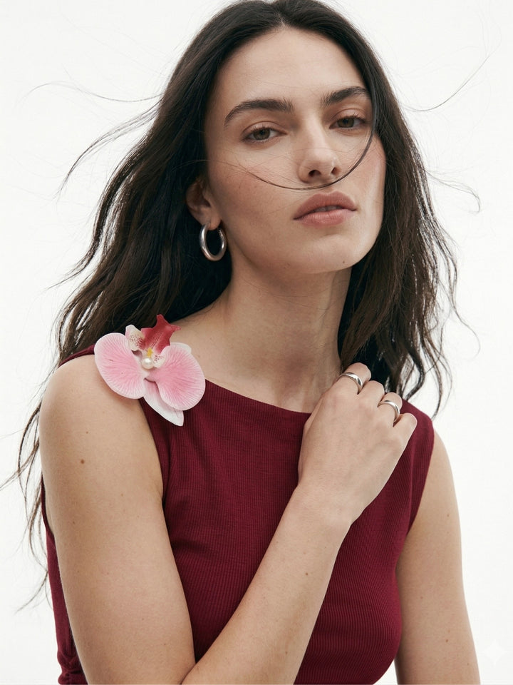 Maroon Fitted Top With Floral Trim On The Sleeve