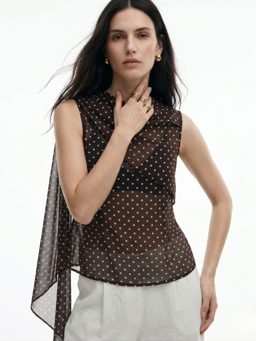 Black Neck Wrap Polka Printed Top