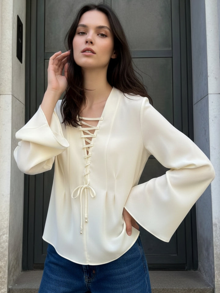 Yellow Front Gladiator Tie Up Flutter Sleeved Blouson