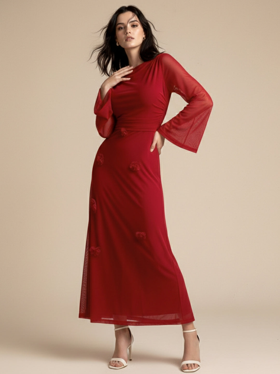 Red Boat Neck Dress With Mini Floral Corsages