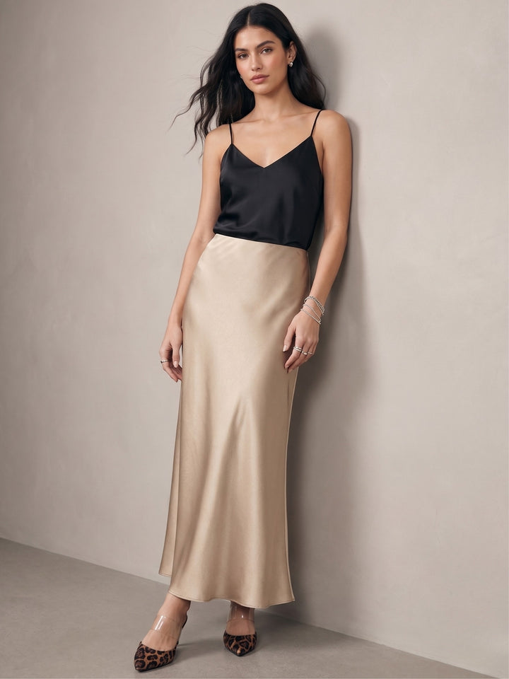 Beige High Waist Satin Skirt