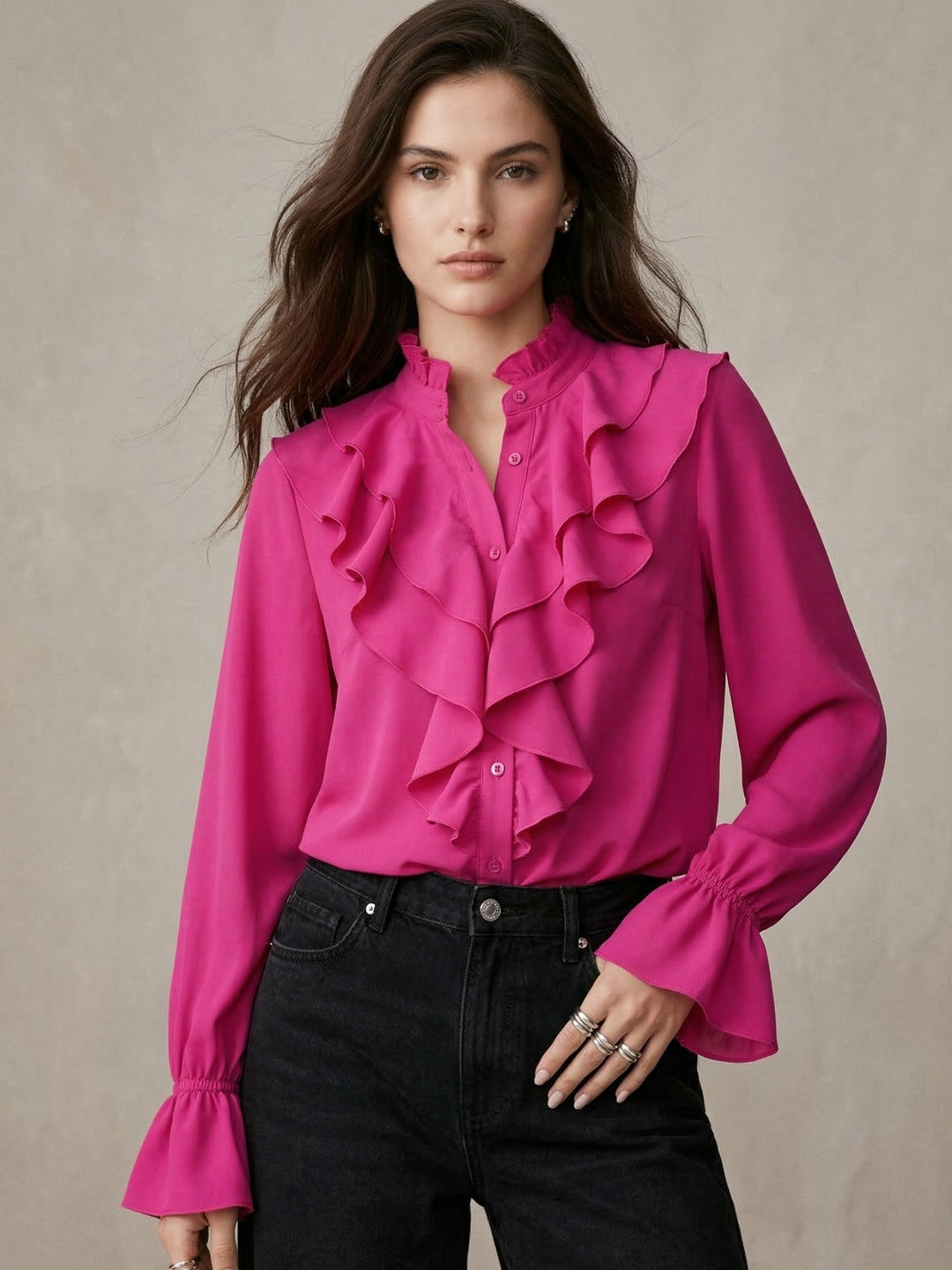 Pink Ruffle Detail Bishop Sleeve Top