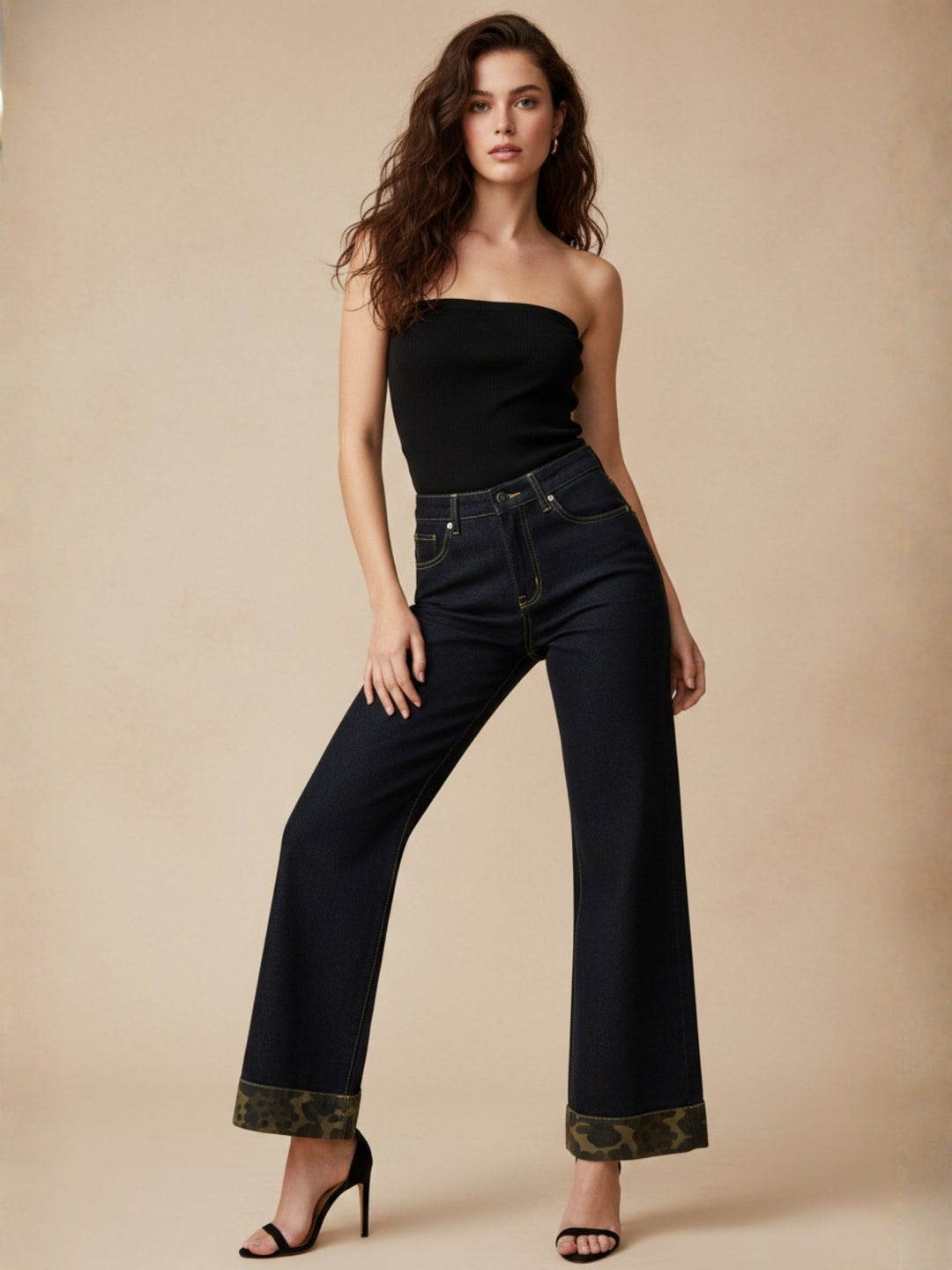 Black Folded Animal Printed Hem Jeans