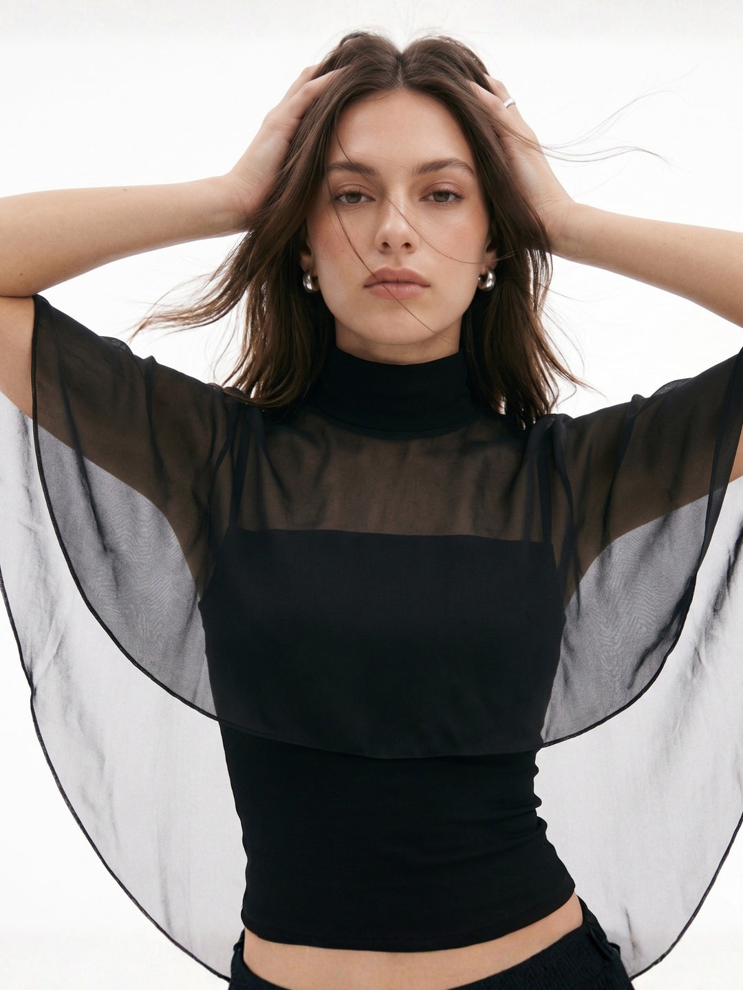 Black Mock Neck Draped Back Open Top