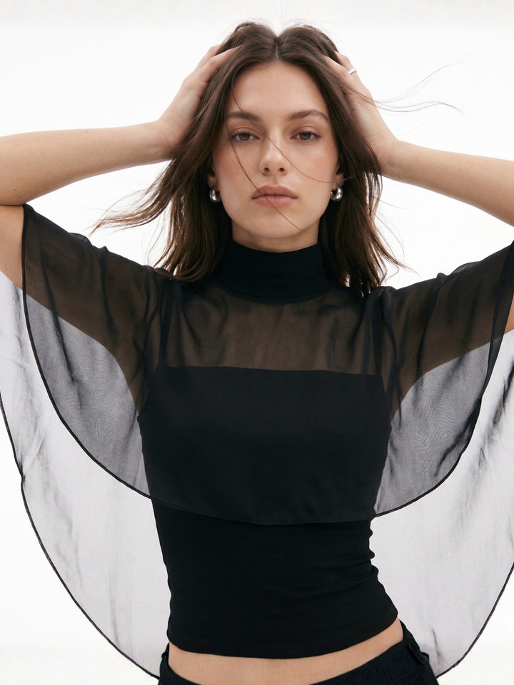 Black Mock Neck Draped Back Open Top