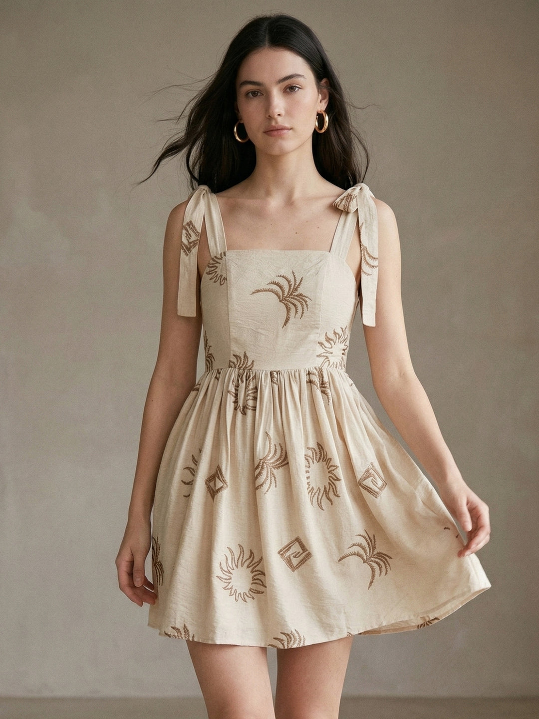 Beige Shoulder Tie-Up Printed Dress