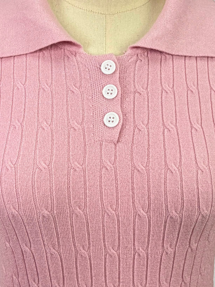 Pink Cable Knit Half Button Down Polo Top