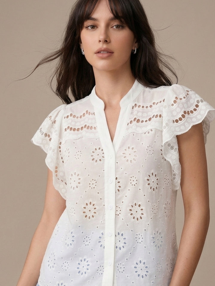 White Schiffli Front Buttoned Top