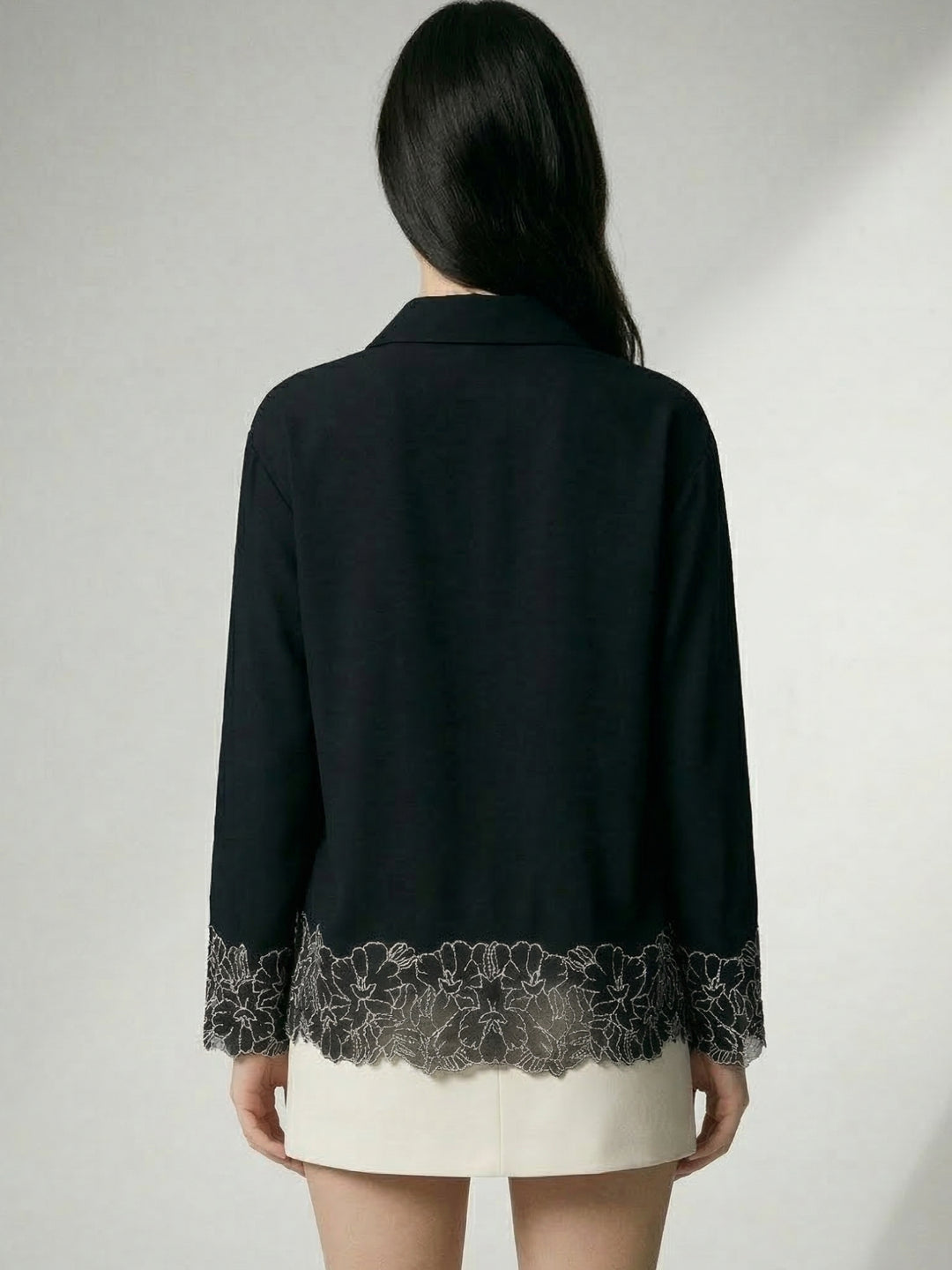 Black Flower Appliqued Front Buttoned Shirt