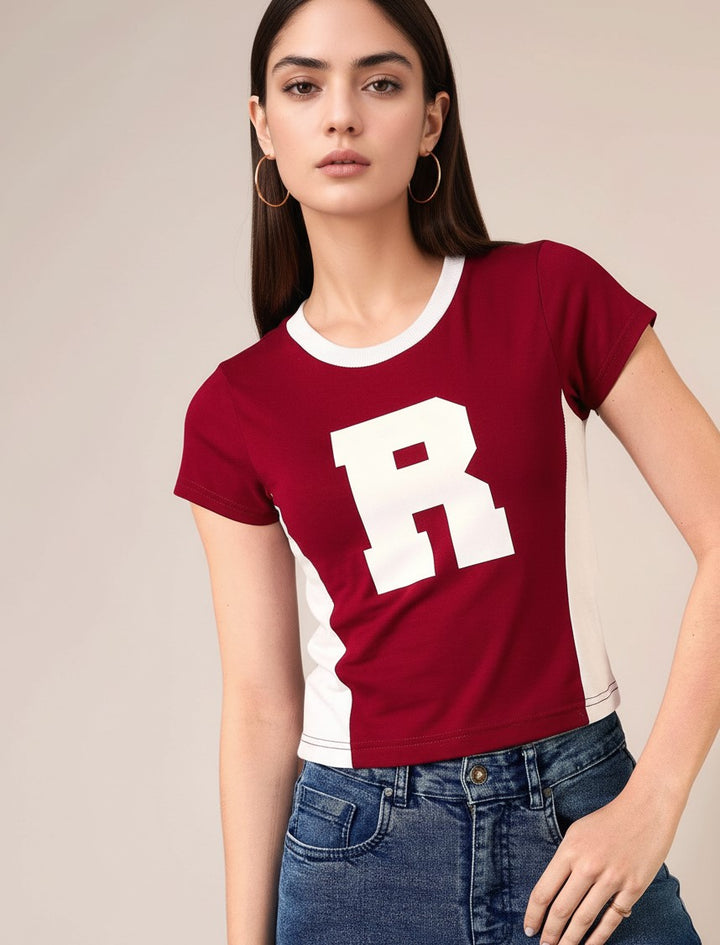 Maroon Short Sleeve Contrast Neck Graphic Print Tshirt