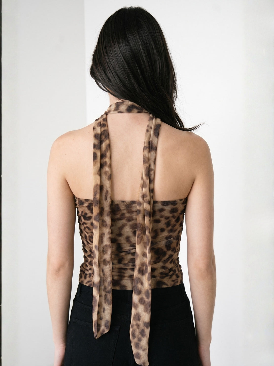 Brown Neck Wrap Leopard Printed Top