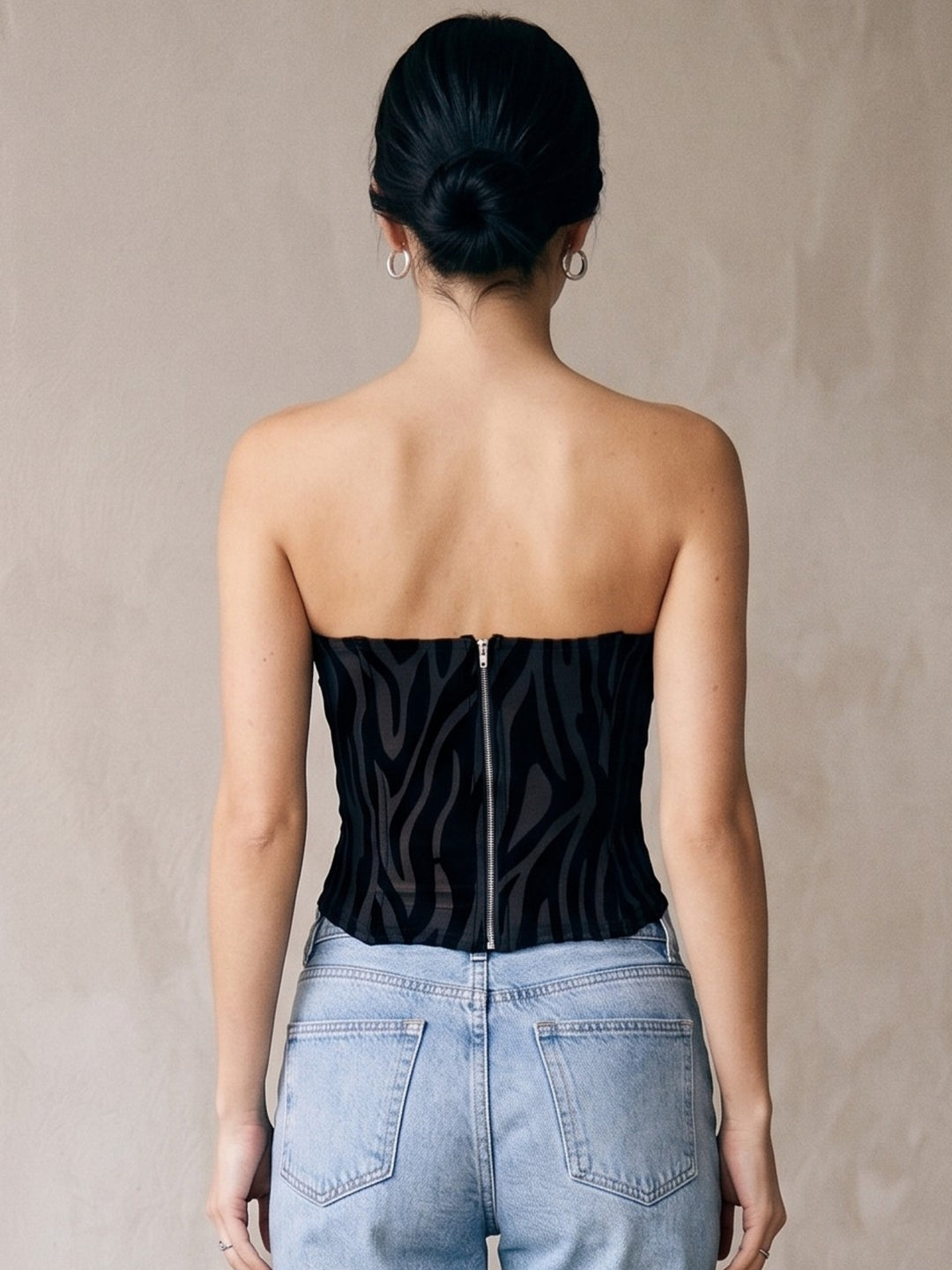 Black Tonal Animal Printed Tube Top With Zipper At The Back